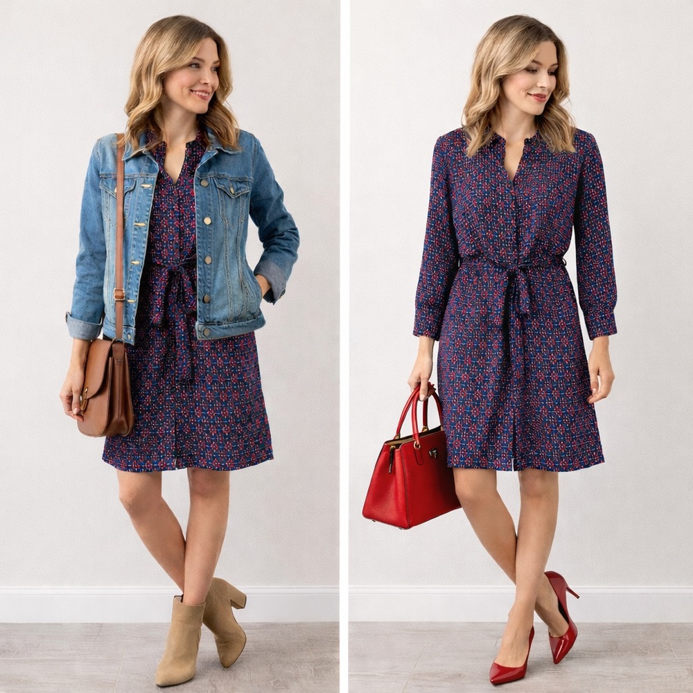 Banana Republic Blue & Red Long Sleeve Dress Functional Buttons Nursing Friendly